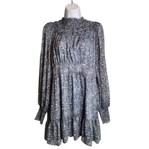 INA Womens Blue Ditsy Floral Print Smocked Ruffled Mini Dress Size L Cottagecore